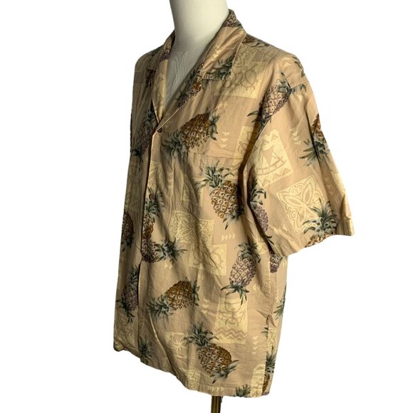 Button Up Hawaiian Camp Shirt XL Tan Pineapples Polynesian Short Sleeve Pocket - Picture 3 of 5